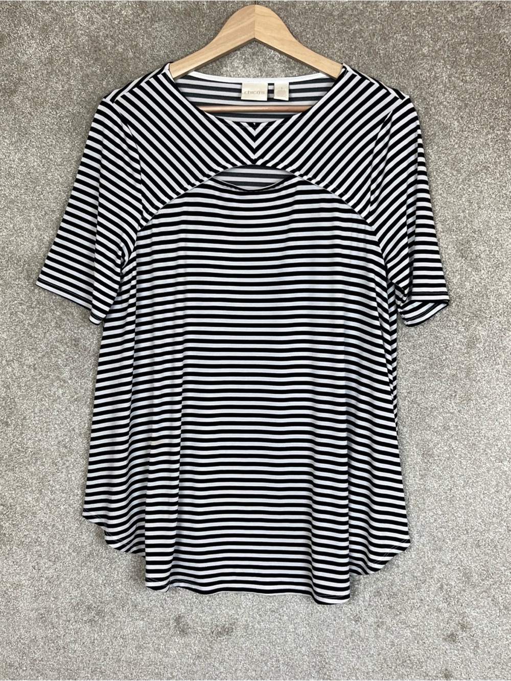 Chico's Tunic Womens 1 Black Stripe Short Sleeve Pullover Stretch Shirt- 5256